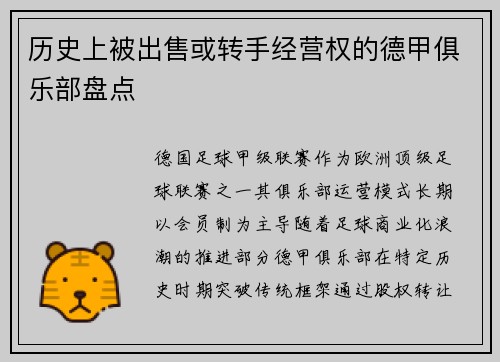 历史上被出售或转手经营权的德甲俱乐部盘点